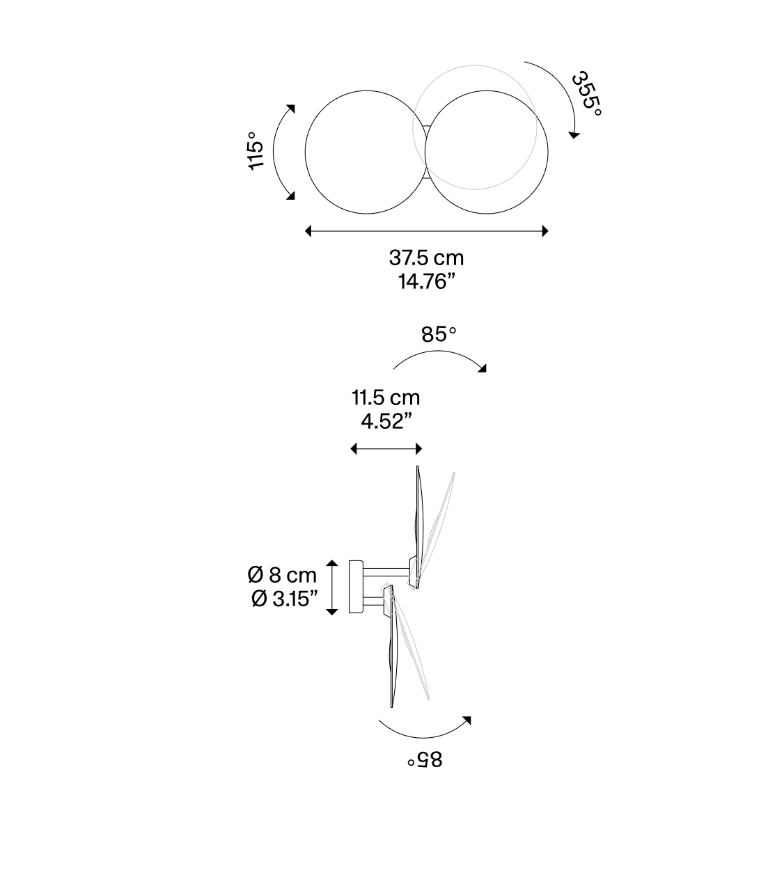Lodes Puzzle Round Double dimensional line drawing showing dual adjustable LED reflector panels