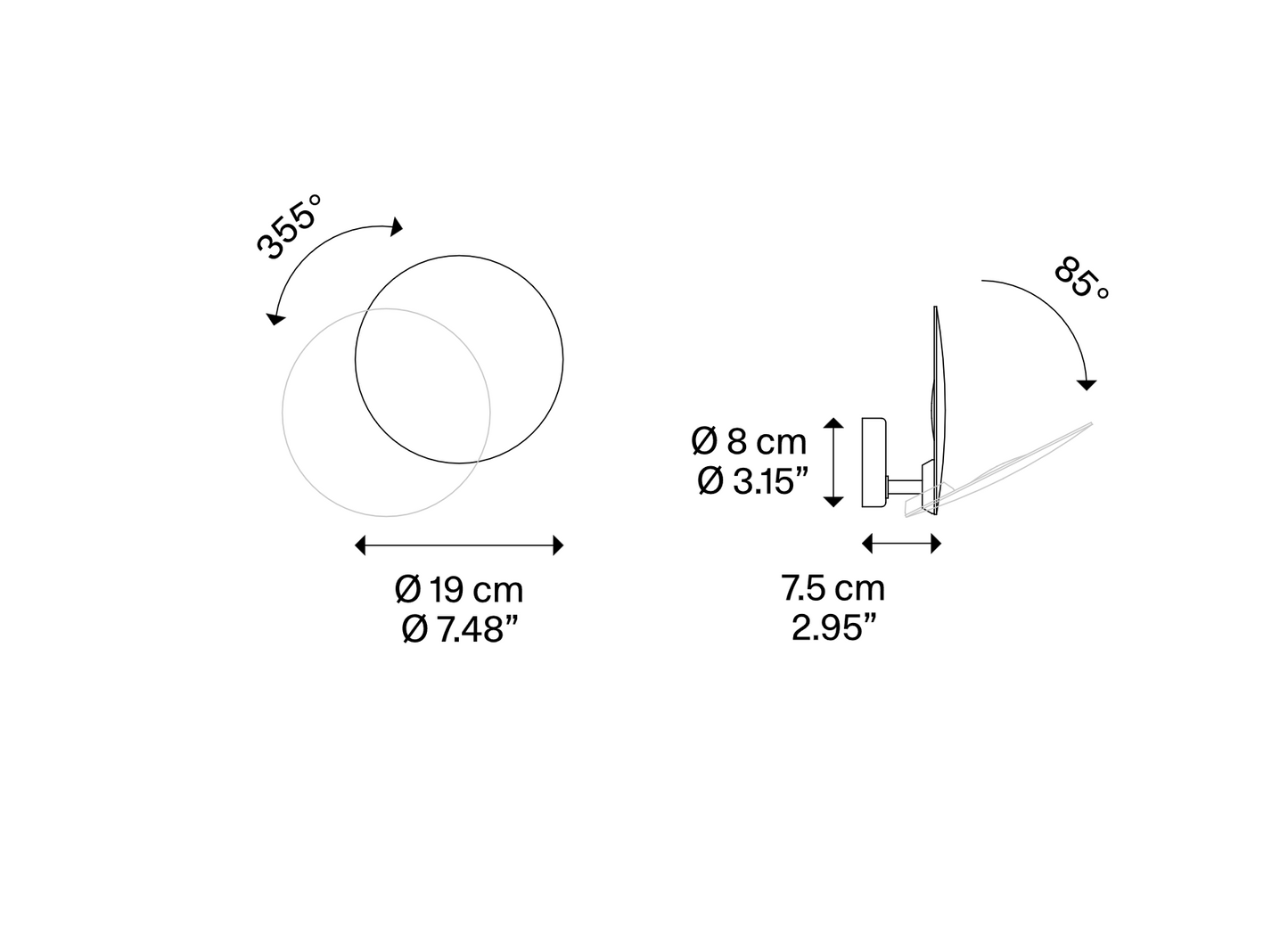 Lodes Puzzle Round Single dimensional line drawing showing the adjustable integrated LED wall light