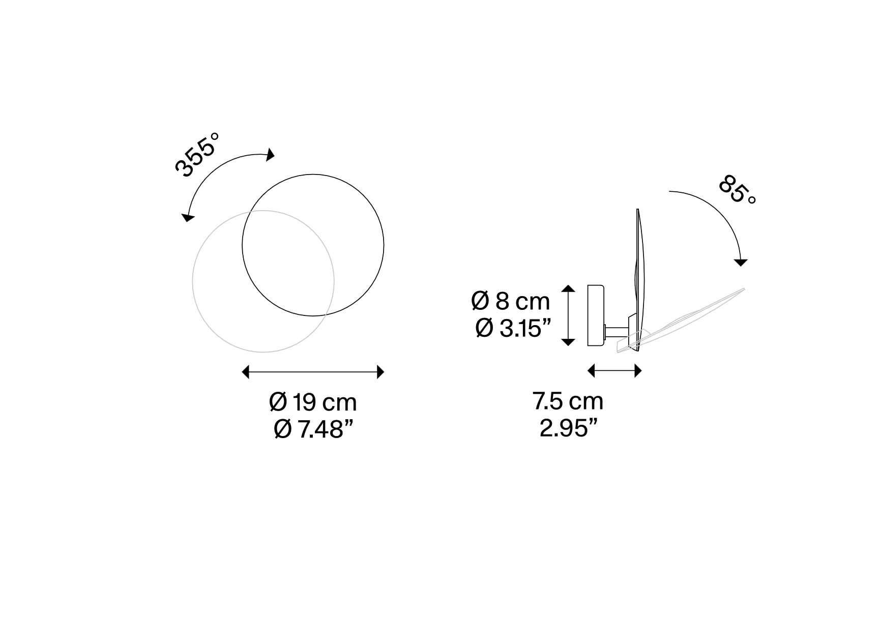 Lodes Puzzle Round Single dimensional line drawing showing the adjustable integrated LED wall light