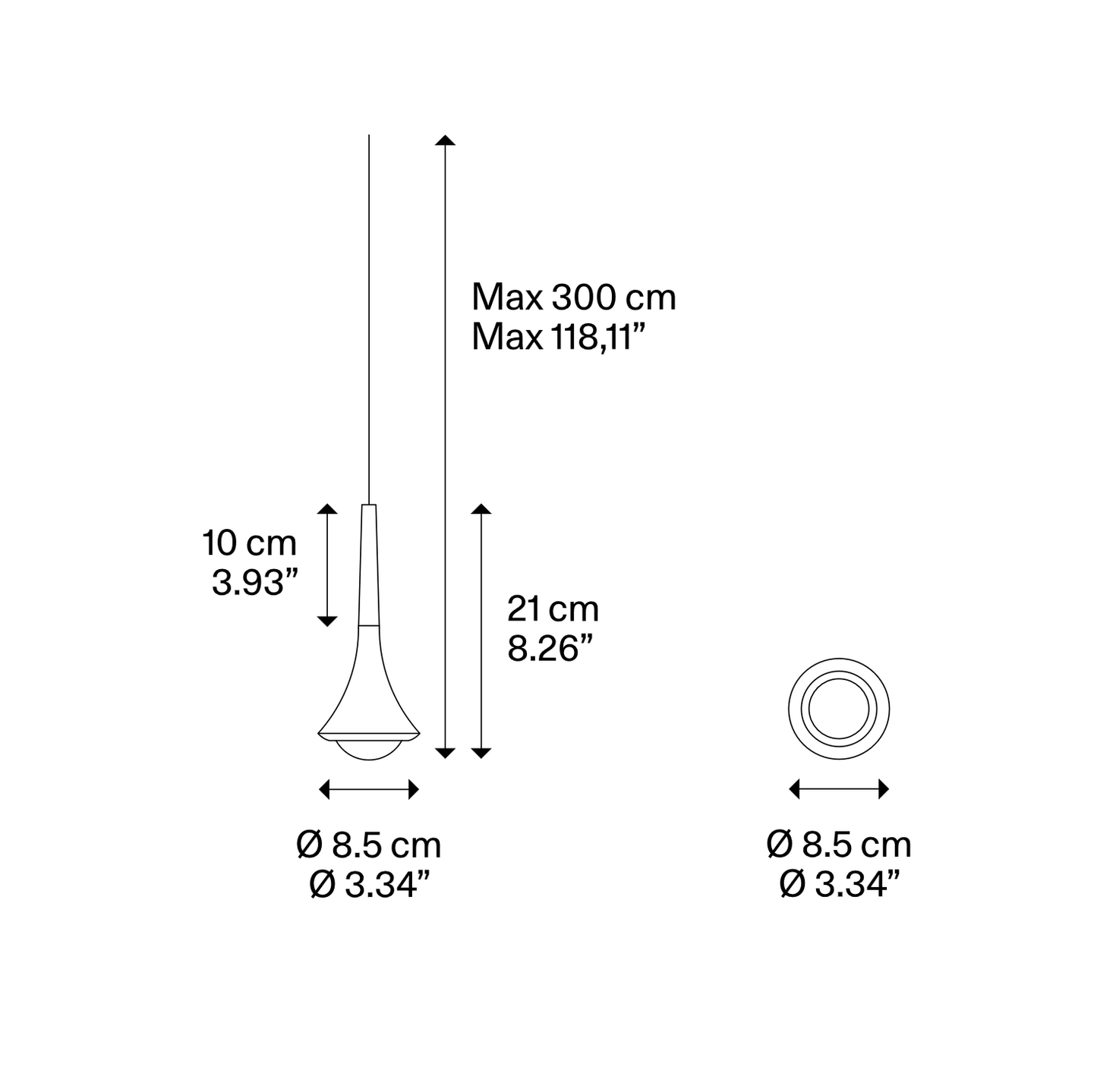 Technical line drawing of the Lodes Rain pendant light with dimensional specifications