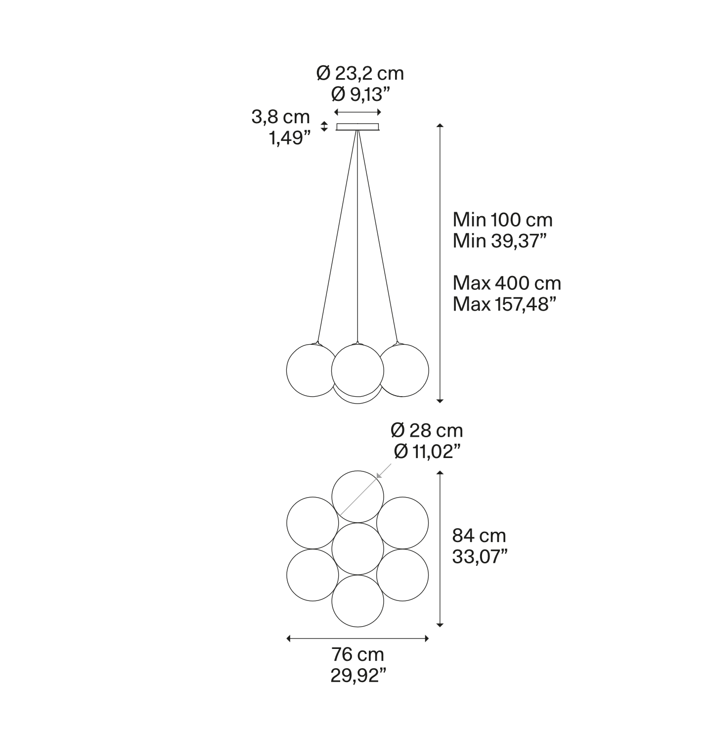 Lodes Random Cloud LED Pendant dimensional diagram showing fixture size, canopy and adjustable suspension measurements