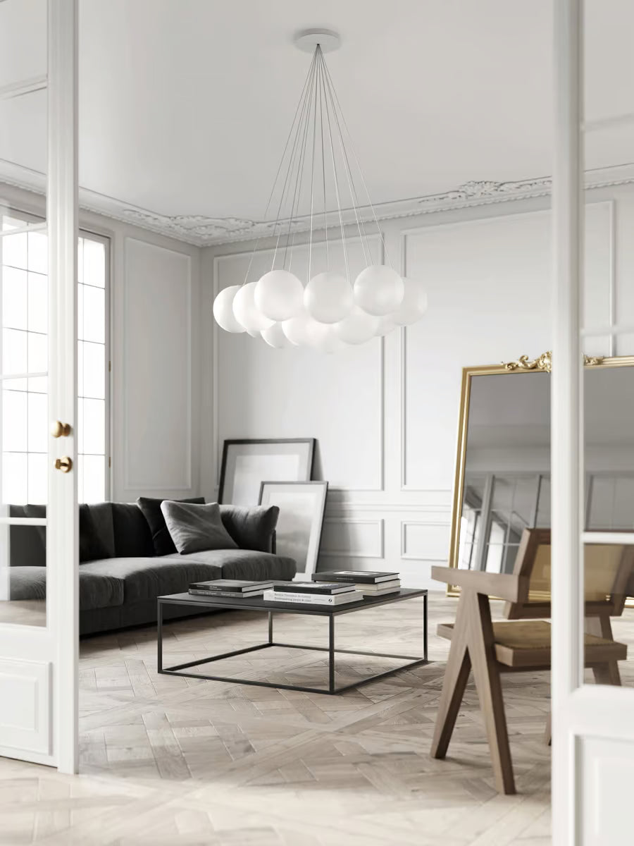 Lodes Random Cloud 14-Light LED Chandelier by Chia-Ying Lee with decorative blown-glass globe shades, made in Italy