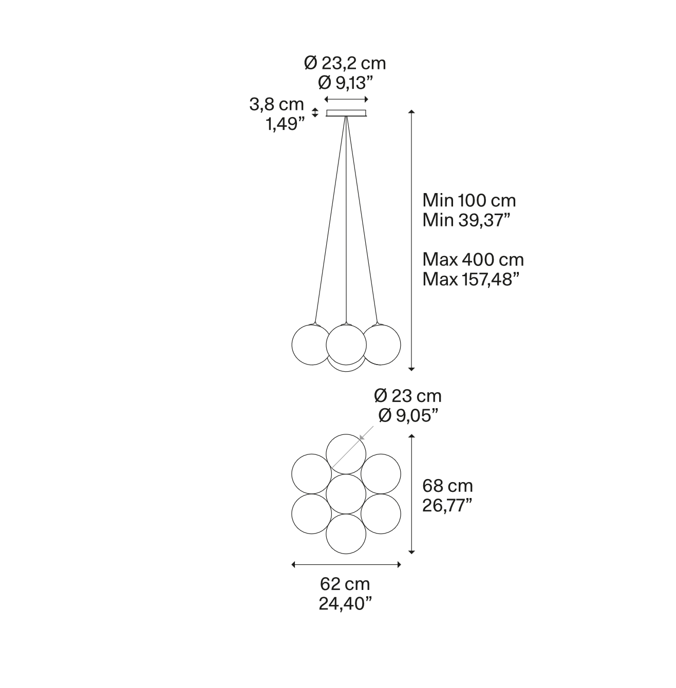 Dimension drawing of the Lodes Random Cloud LED Chandelier by Chia-Ying Lee with overall width, height and depth measurements