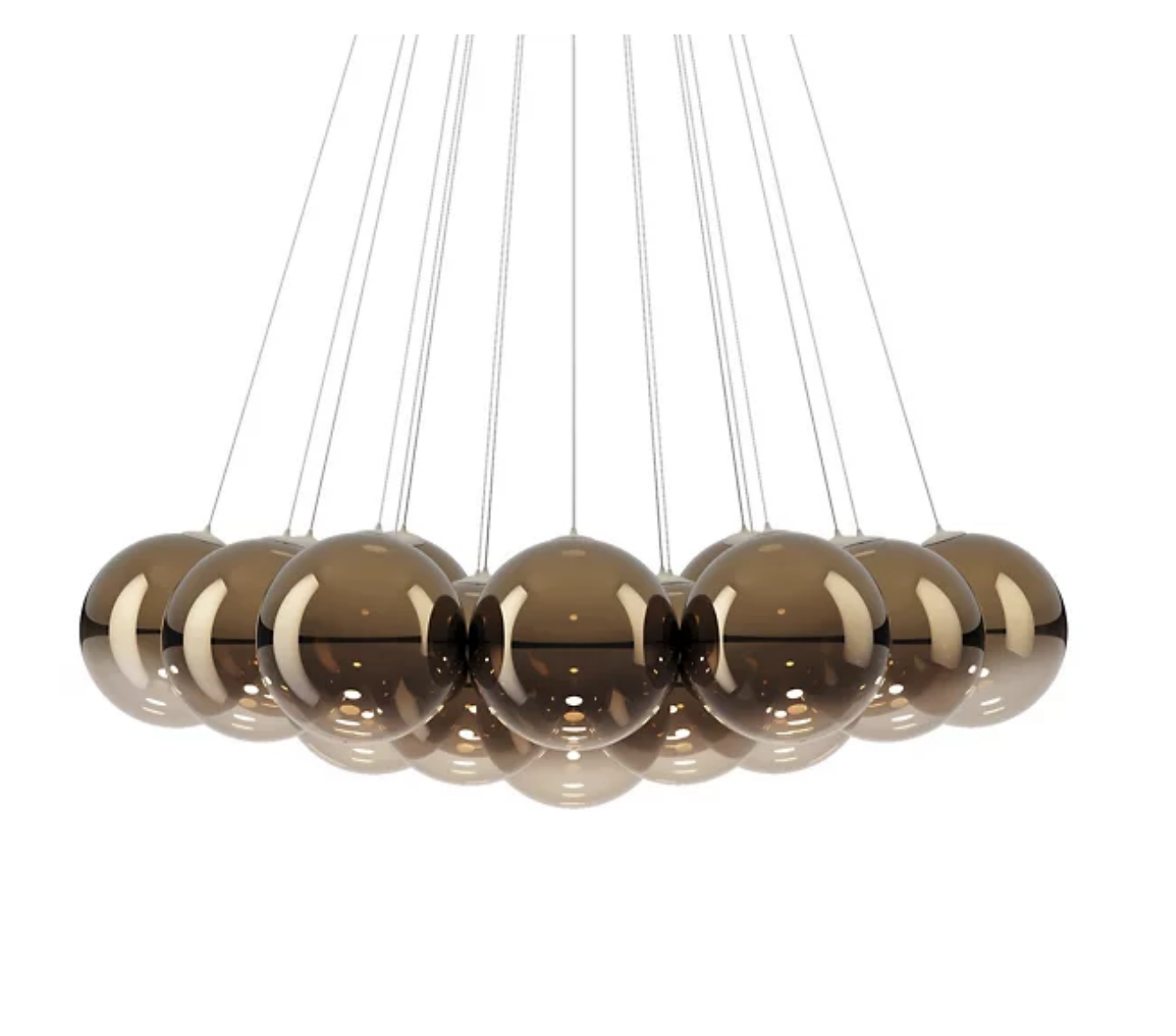 Lodes Random Cloud bronze blown glass LED chandelier suspended above a modern dining room