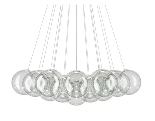 Lodes Random Cloud 19-Light LED chandelier with clear blown glass globes and matte white canopy