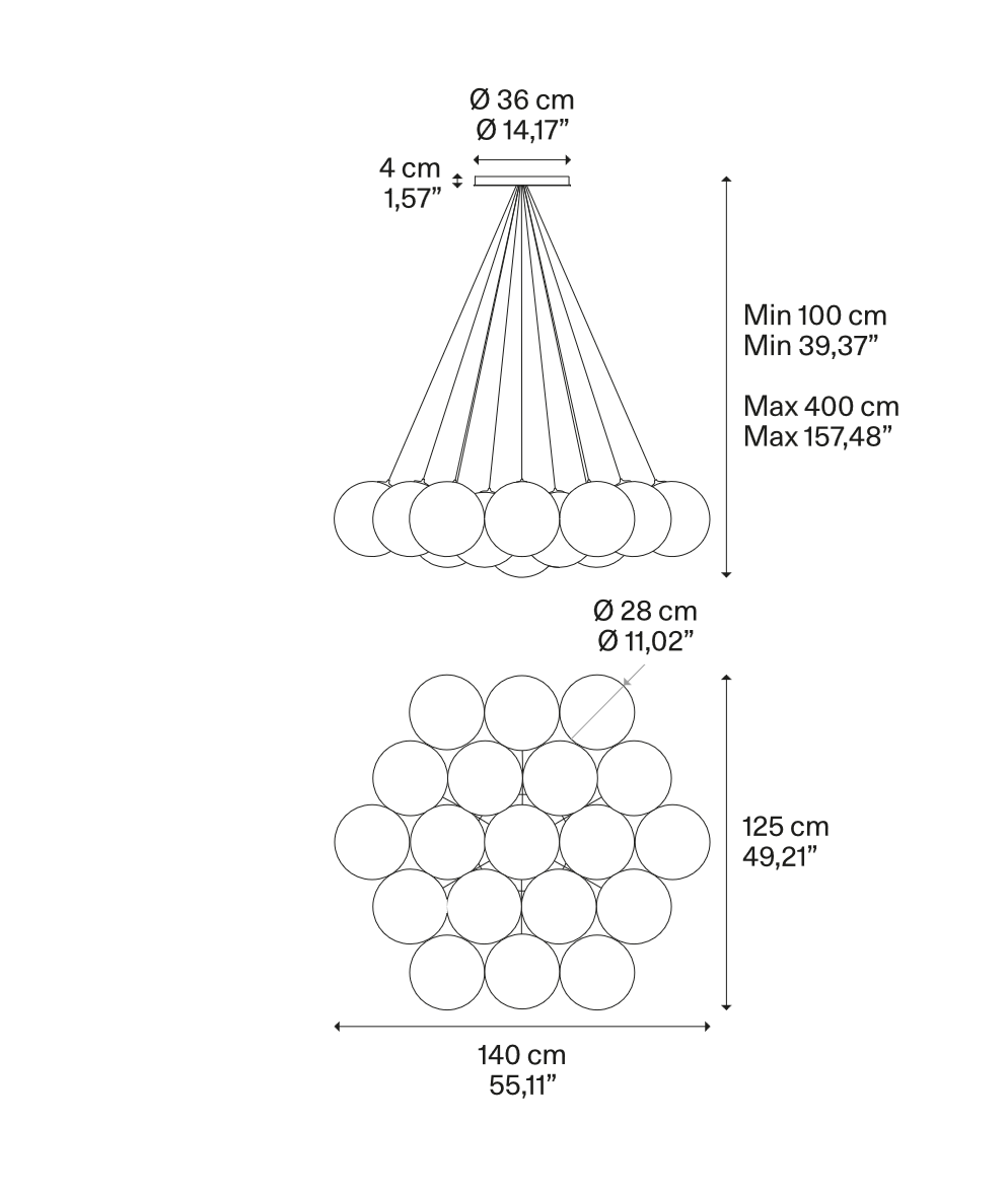 Dimension drawing of the Lodes Random Cloud 19-Light LED chandelier showing canopy size and suspension measurements