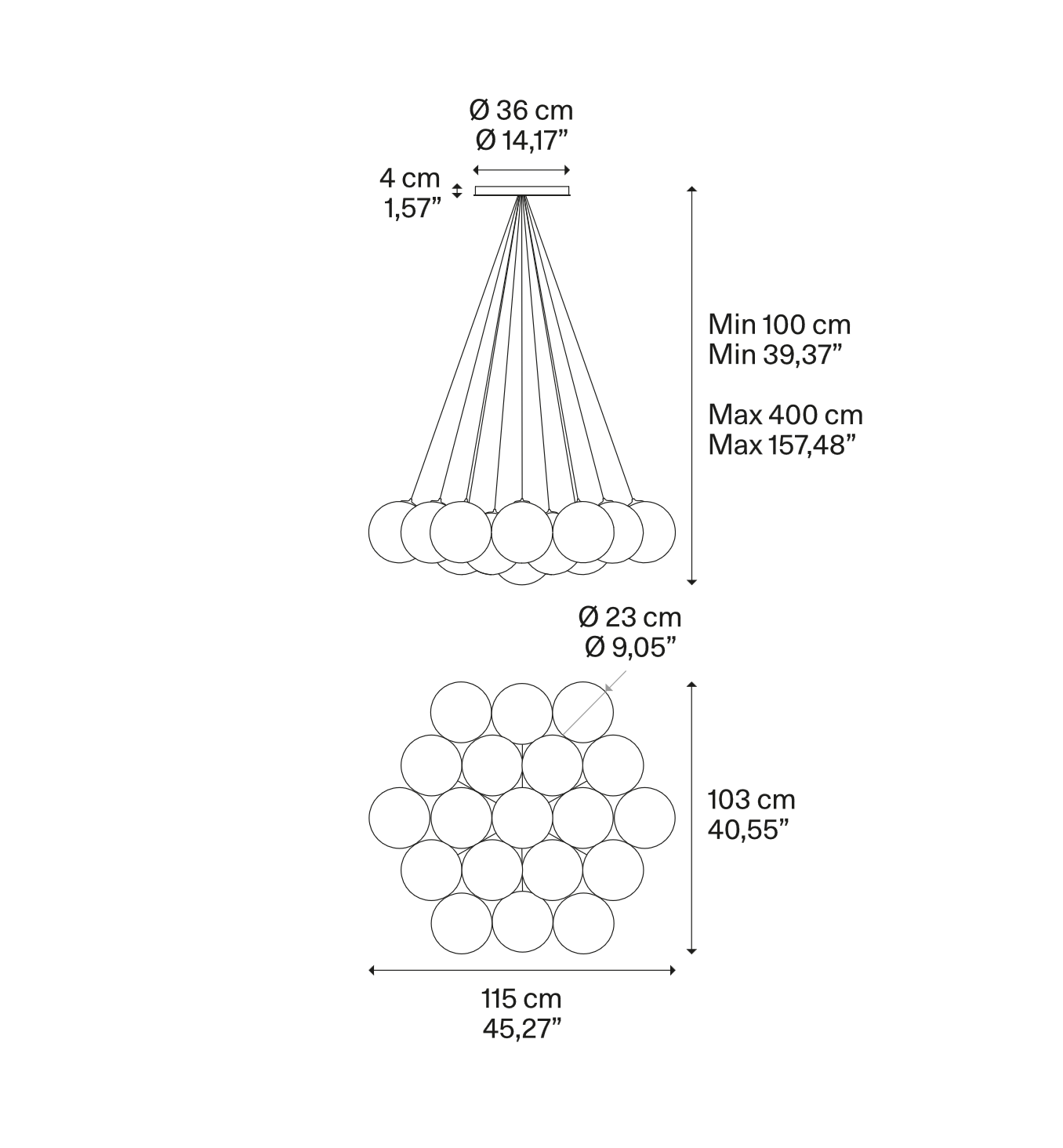 Lodes Random Cloud 19-Light LED chandelier dimensions with overall width, depth and adjustable hanging height