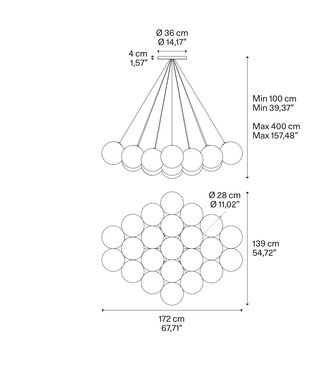 Line drawing of the Lodes Random Cloud 23-Light LED Chandelier by Chia-Ying Lee showing overall dimensions and suspension layout