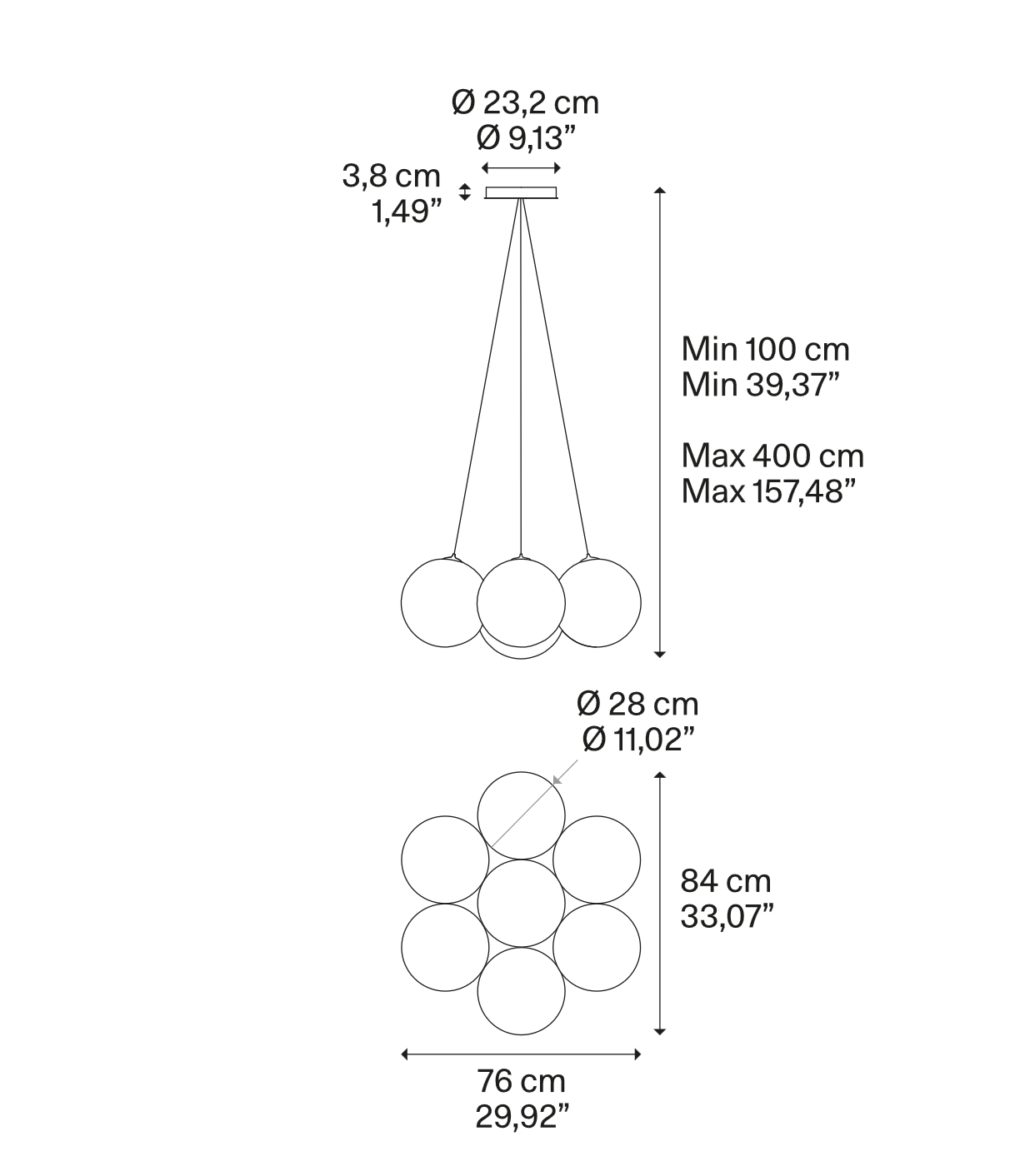 Lodes Random Cloud 7-Light LED Globe Chandelier dimensions showing seven-globe layout, canopy size, and maximum suspension height