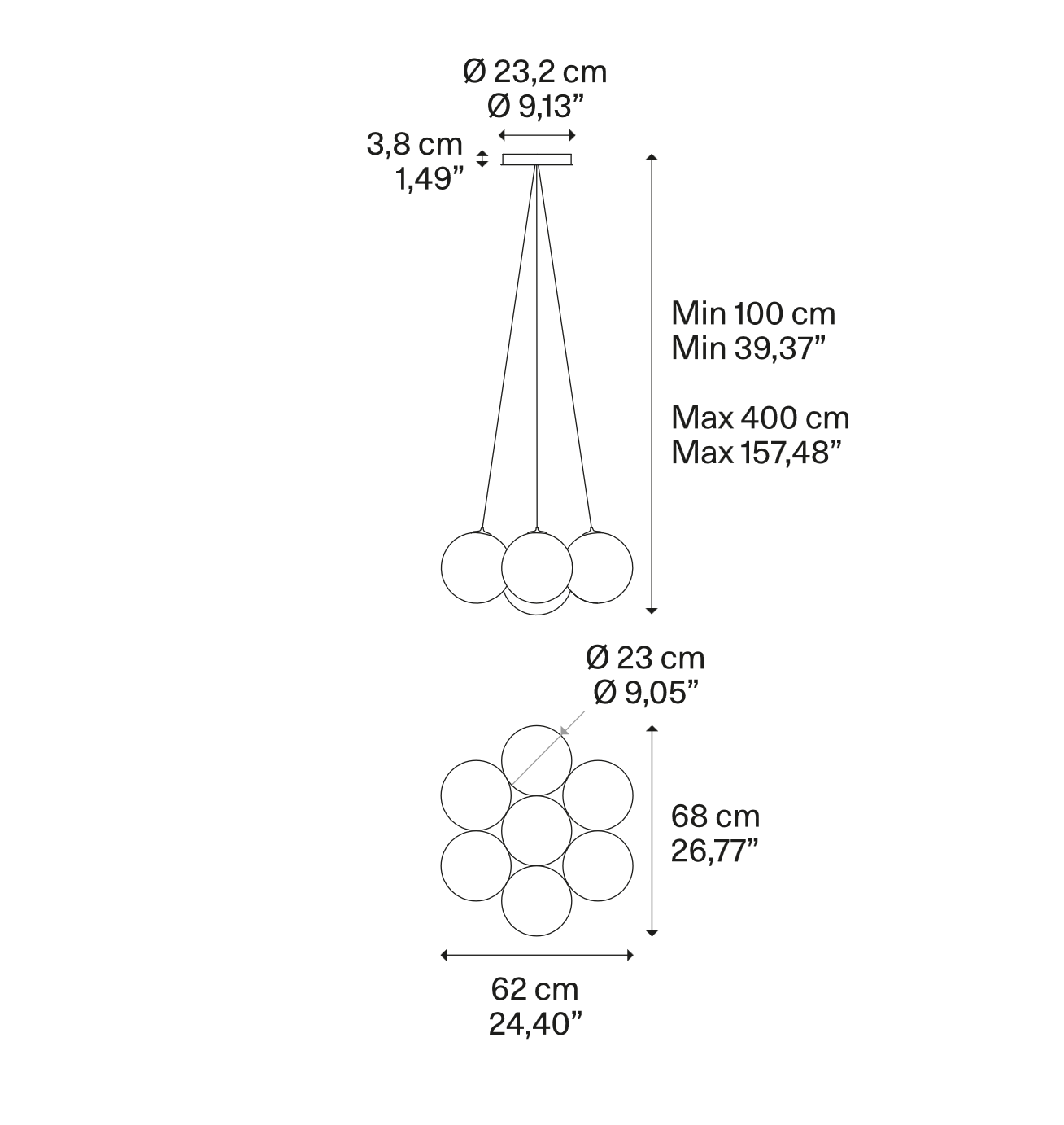 Dimension drawing of the Lodes Random Cloud 7-Light LED Globe Chandelier made in Italy with overall measurements and adjustable suspension