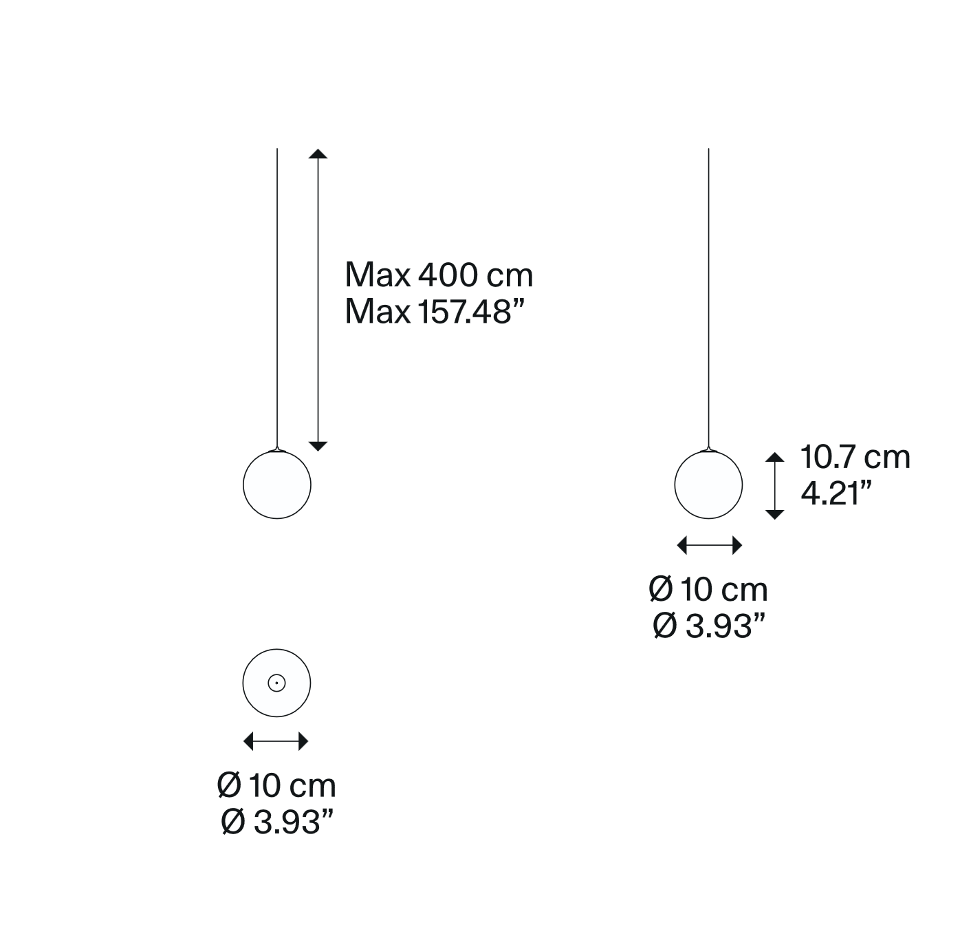 Dimensions of the Lodes Random Solo Random 10 glass globe LED pendant light with measurements