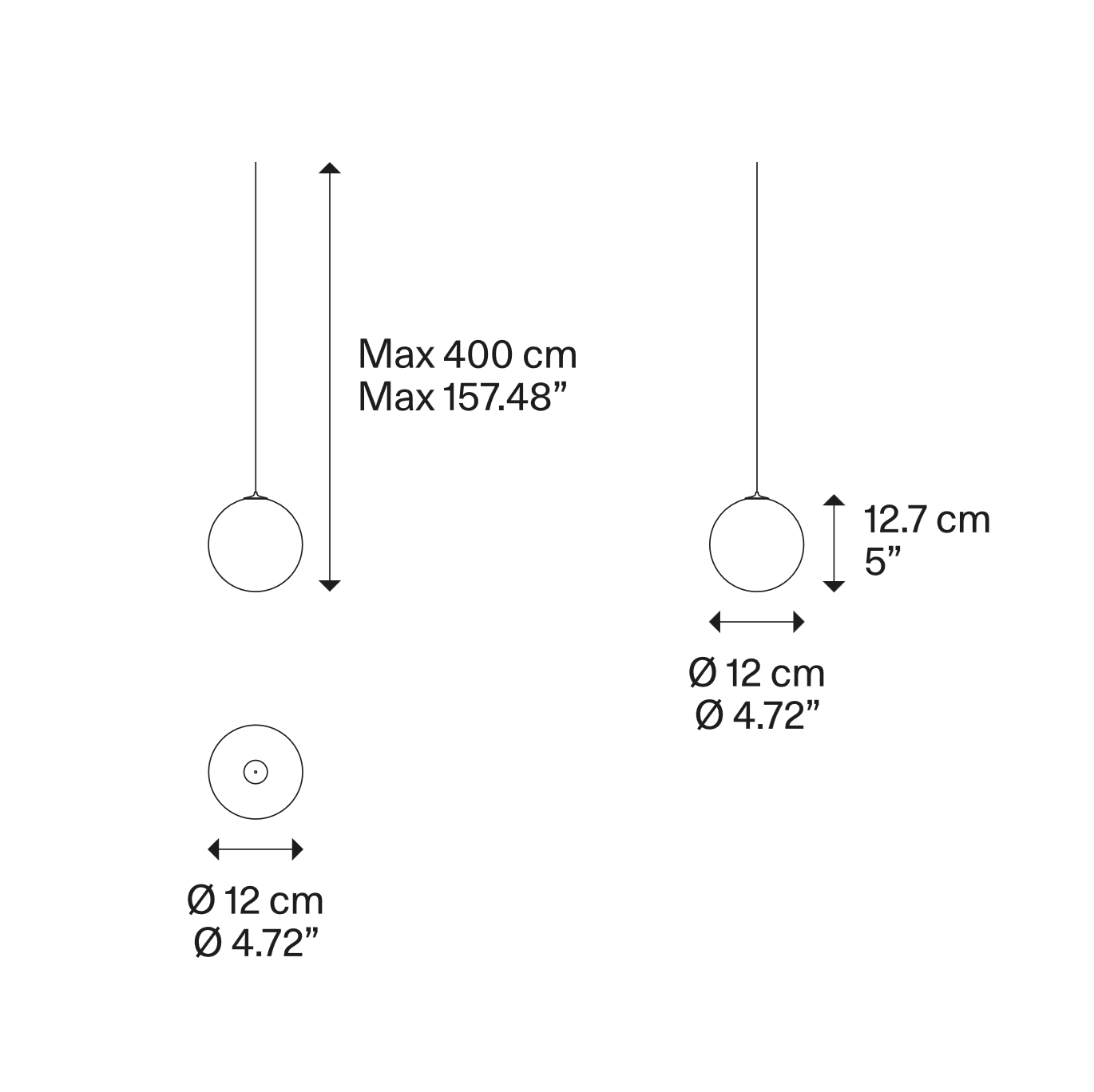 Dimensions of the Lodes Random Solo Random 12 glass globe LED pendant light with size measurements