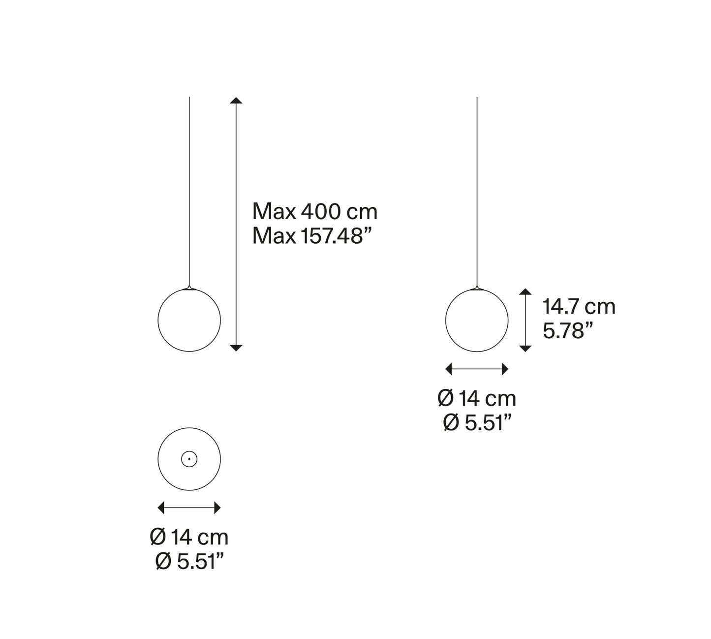Dimensions of the Lodes Random Solo Random 14 glass globe LED pendant light with size measurements