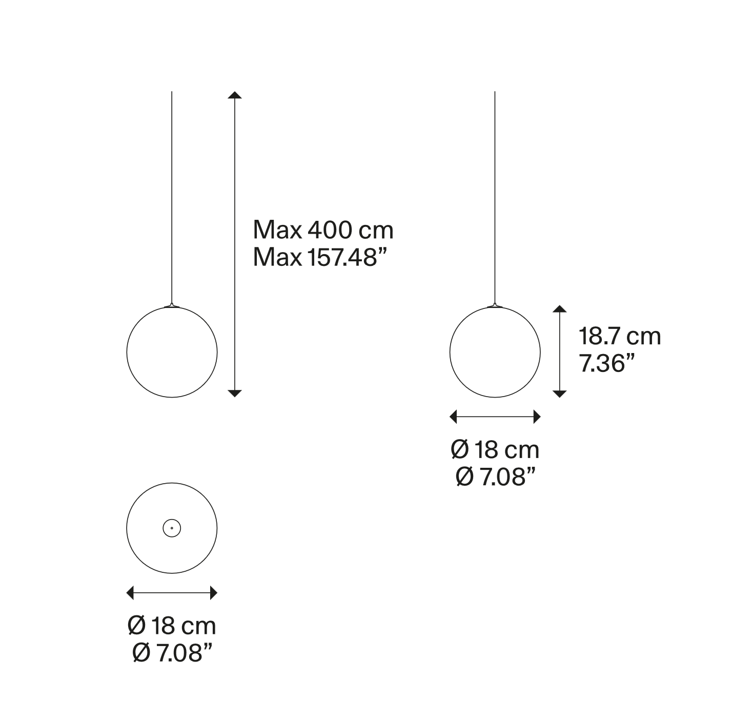 Dimensions of the Lodes Random Solo Random 18 glass globe LED pendant light with size measurements
