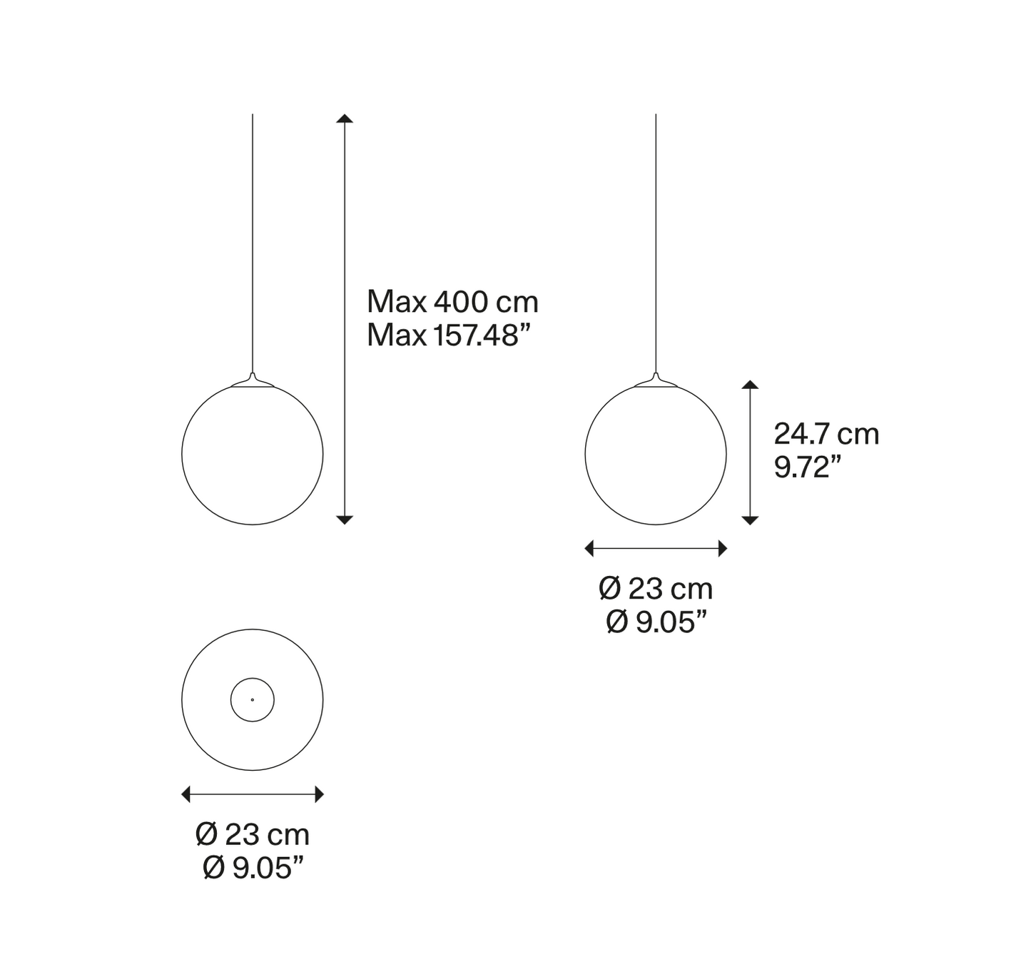 Dimensions of the Lodes Random Solo Random 23 glass globe LED pendant light with size measurements
