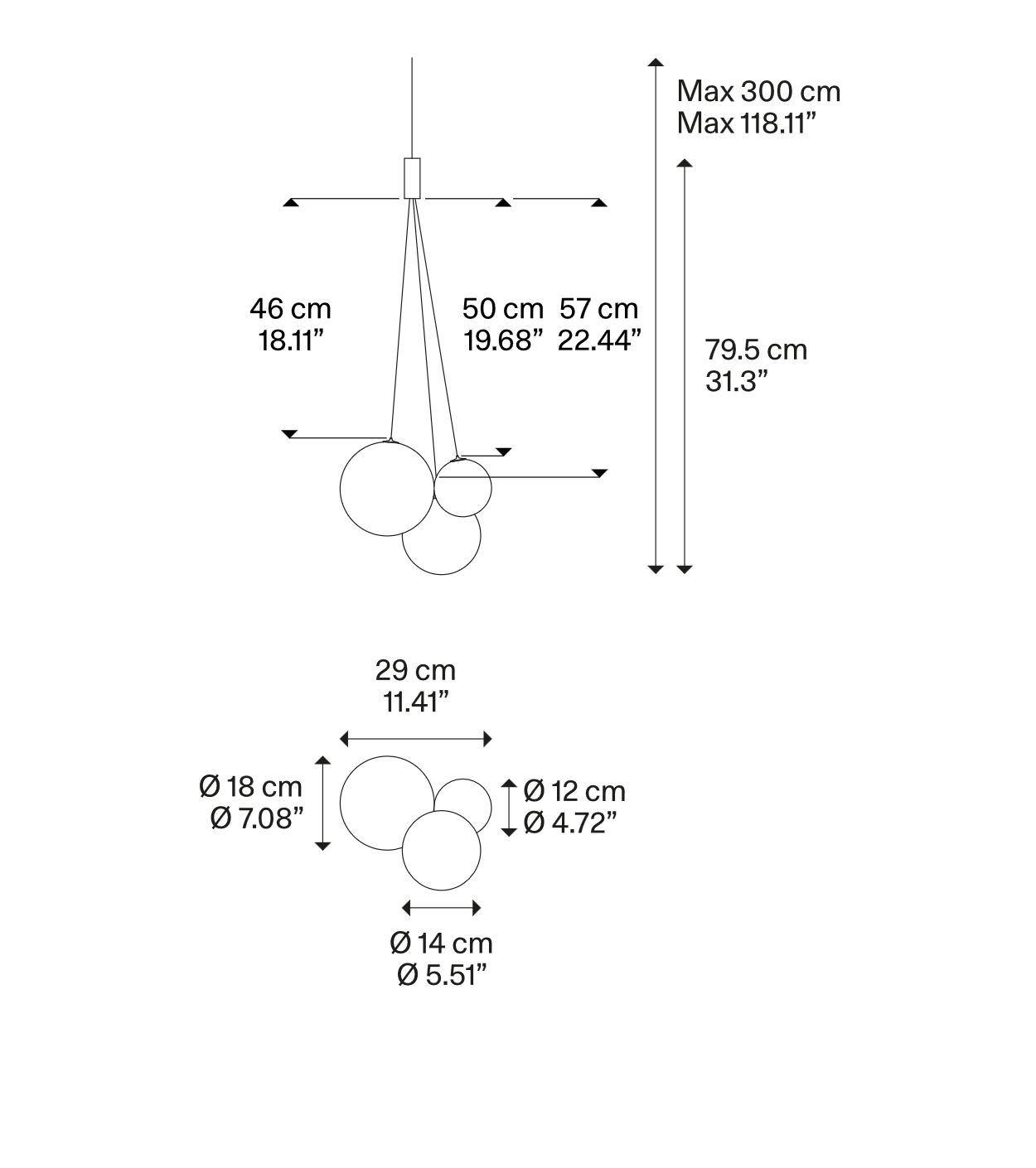 Lodes Random 3-Light LED Pendant dimensions and installation measurements