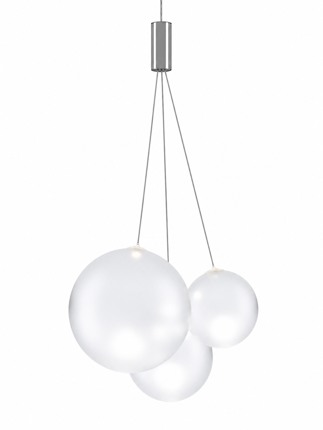 Random collection pendant featuring three reflective frosted white glass globes