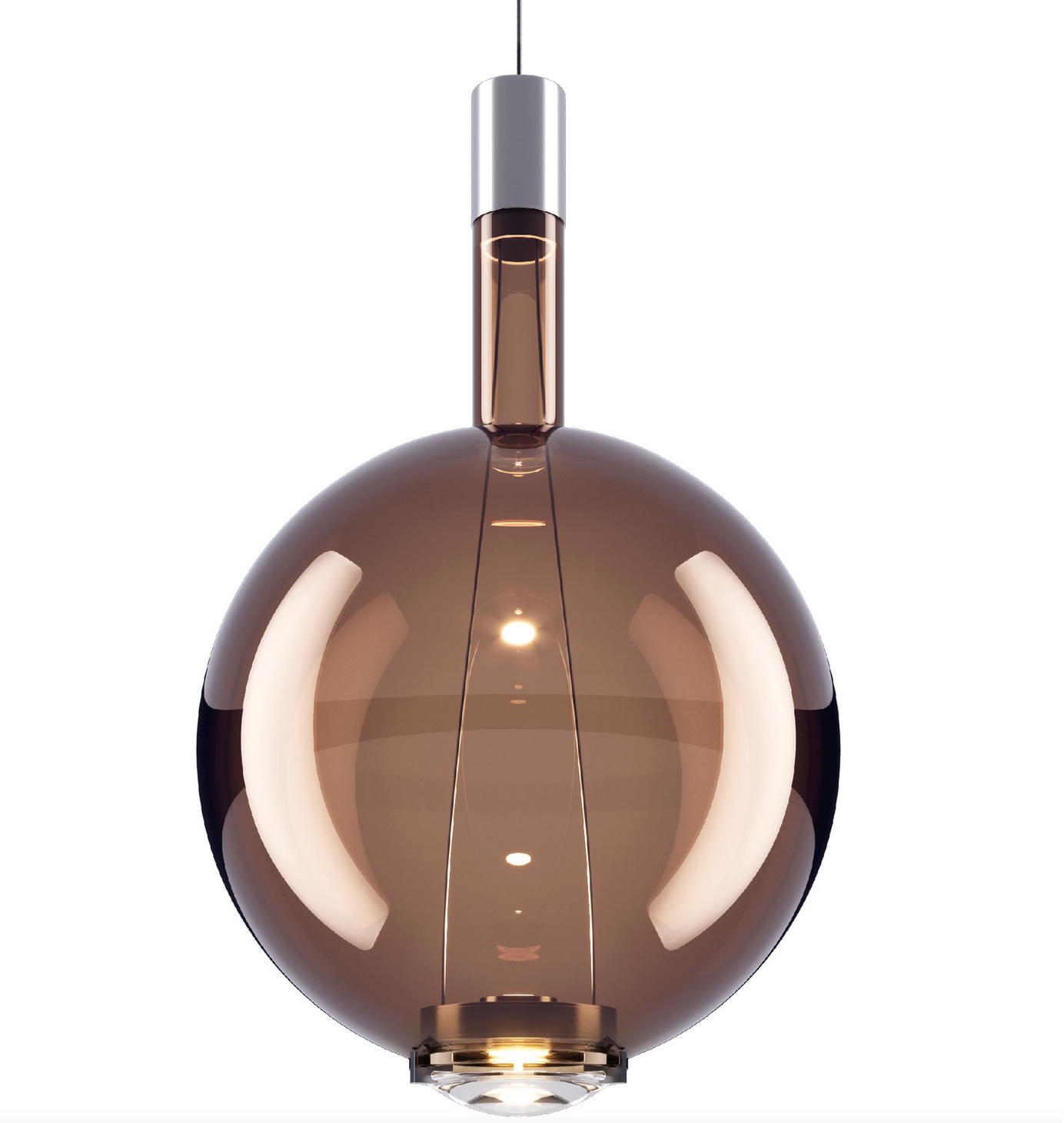 Lodes Sky-Fall Round glossy bronze blown glass pendant displayed in a contemporary dining room