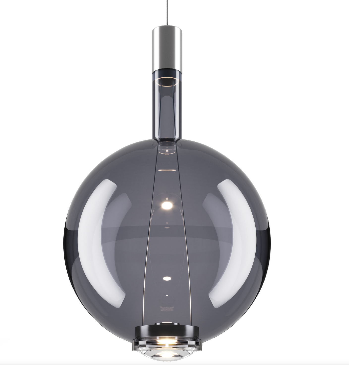 Lodes Sky-Fall Round glossy smoke blown glass pendant installed above a contemporary dining table