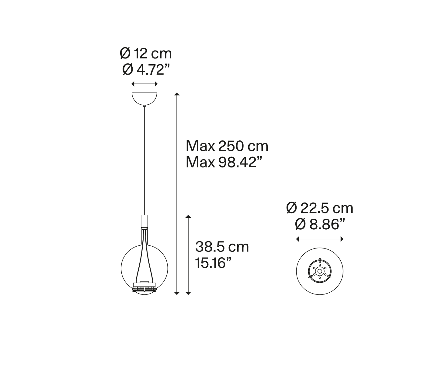 Technical line drawing of the Lodes Sky-Fall Round Medium hand-blown glass pendant with overall dimensions and canopy details