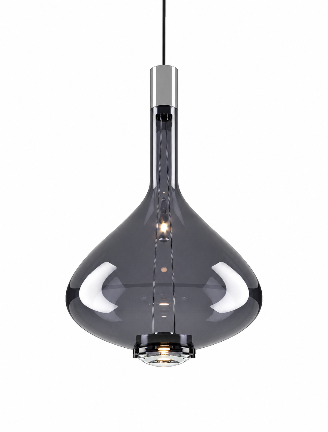 Decorative Glossy Smoke blown-glass LED pendant with chrome hardware by Lodes