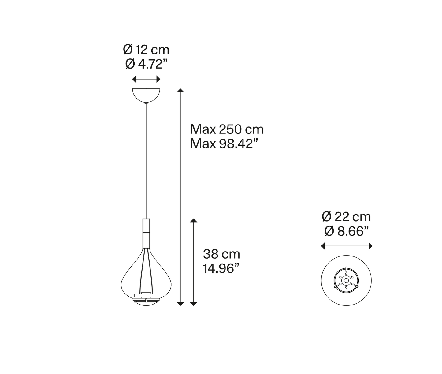 Technical line drawing of the Lodes Sky-Fall Medium hand-blown glass pendant light