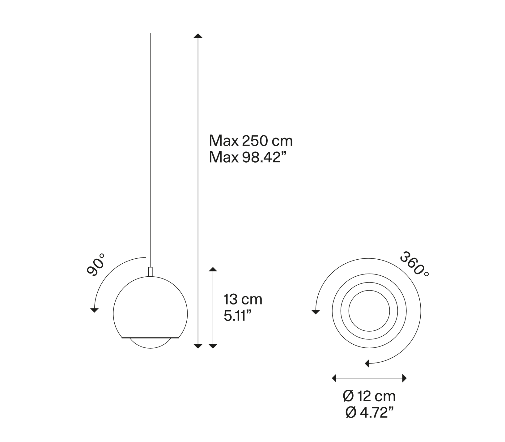Lodes Spider LED pendant dimension drawing with measurements, suspension height and adjustable spotlight details