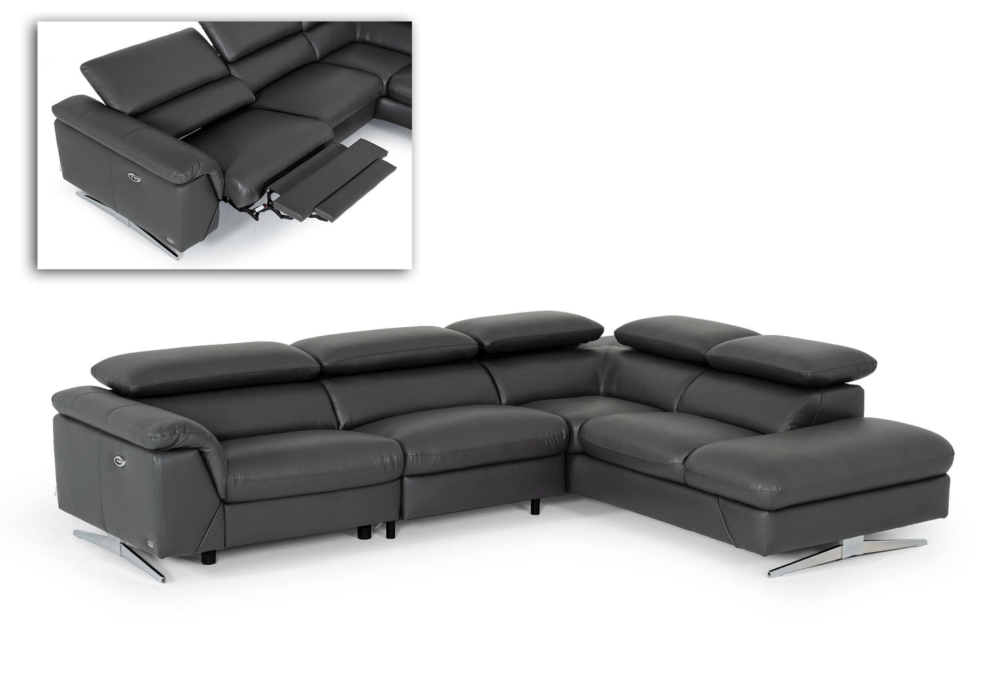 Divani Casa Maine Modern Dark Grey Eco-Leather Right Facing Sectional Sofa with Recliner