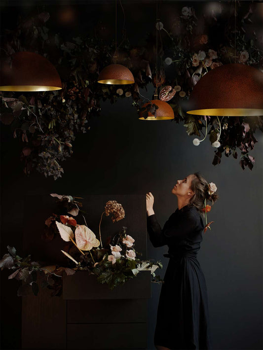 Mammalampa The Queen large pendant in Rust and Gold – styled in a room