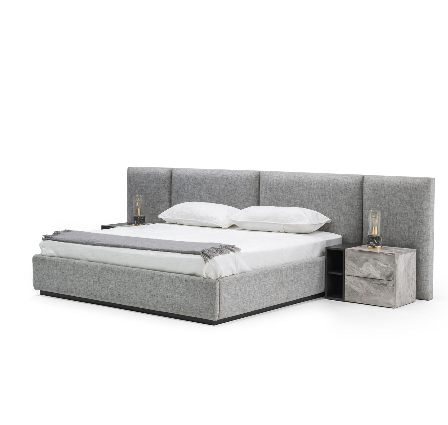 Nova Domus Maranello Modern Grey Fabric Bed with Two Nightstands