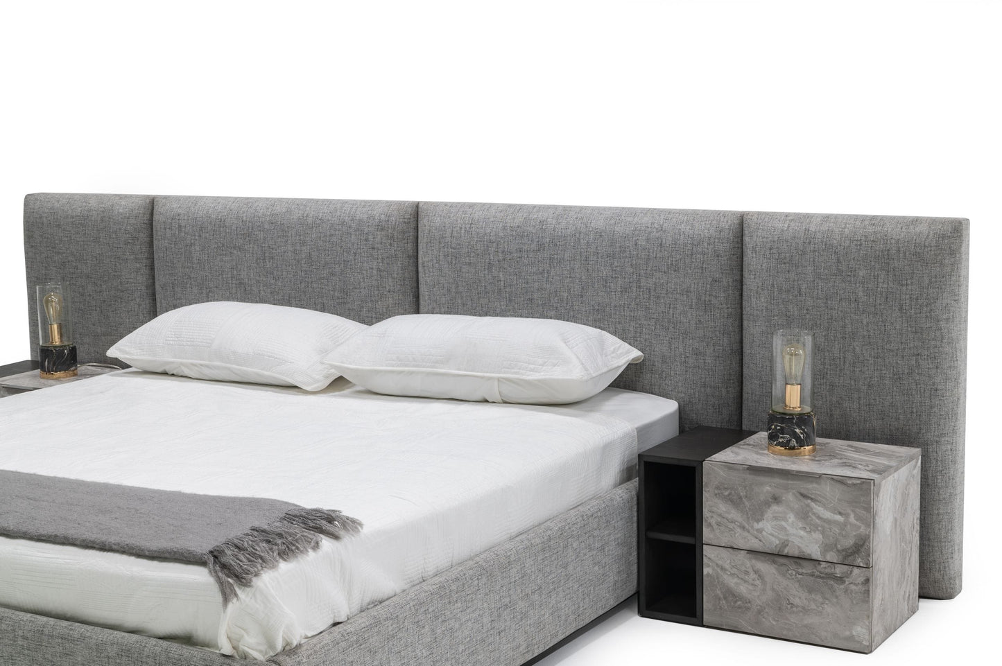 Nova Domus Maranello Modern Grey Fabric Bed with Two Nightstands