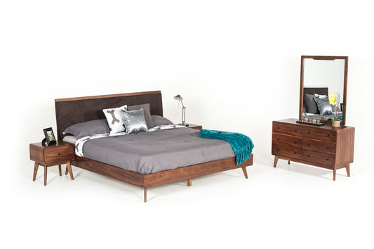 Modrest Marshall Mid-Century Modern Brown Fabric and Walnut Bedroom Set