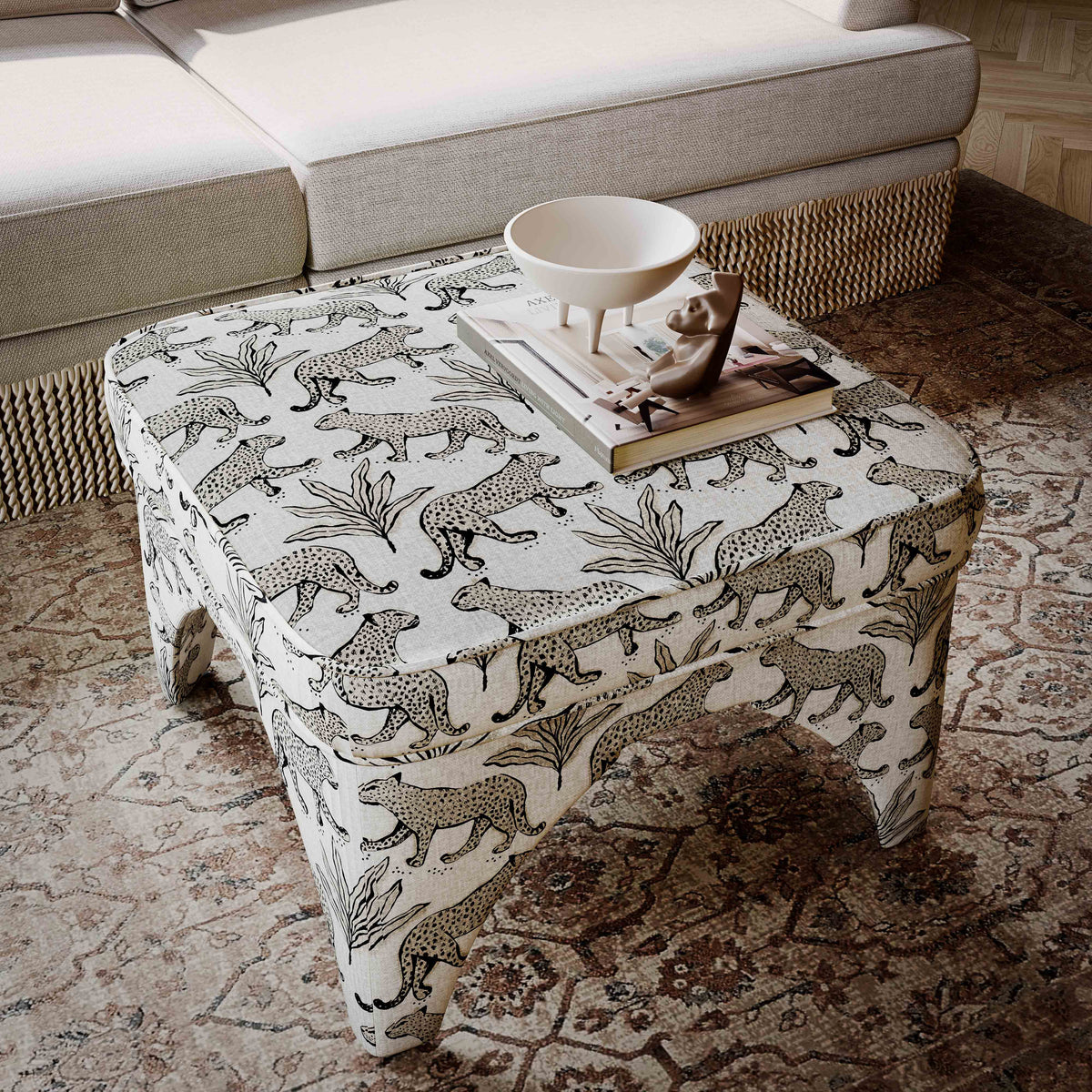 Raji Taupe Leopard Performance Jacquard Ottoman by TOV Furniture – photo 2 of 6