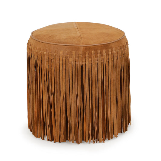 Daphne Round Cognac Suede Fringe Ottoman by TOV Furniture – photo 2 of 6