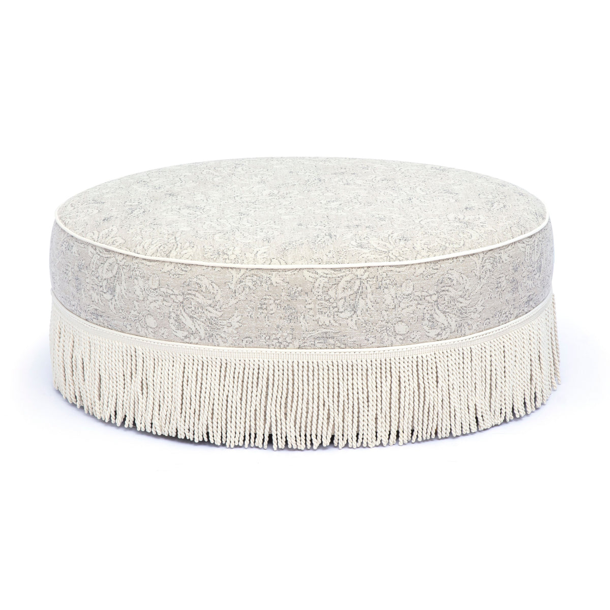 Tassy Neutral Floral Tasseled Round Ottoman by TOV Furniture – photo 2 of 6