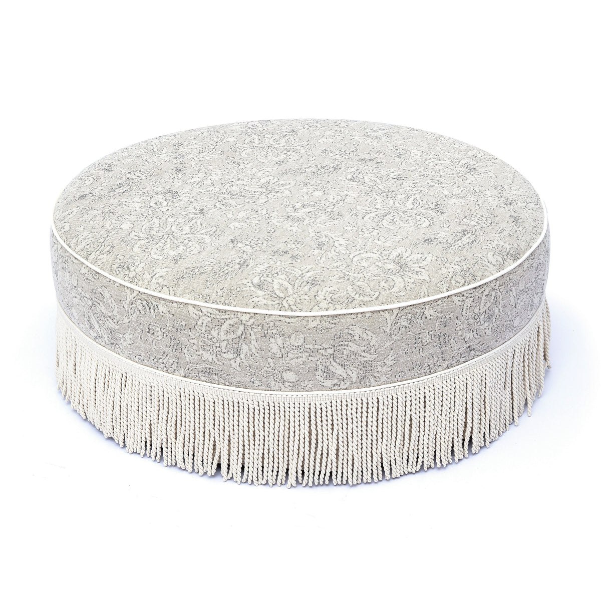 Tassy Neutral Floral Tasseled Round Ottoman by TOV Furniture – photo 3 of 6