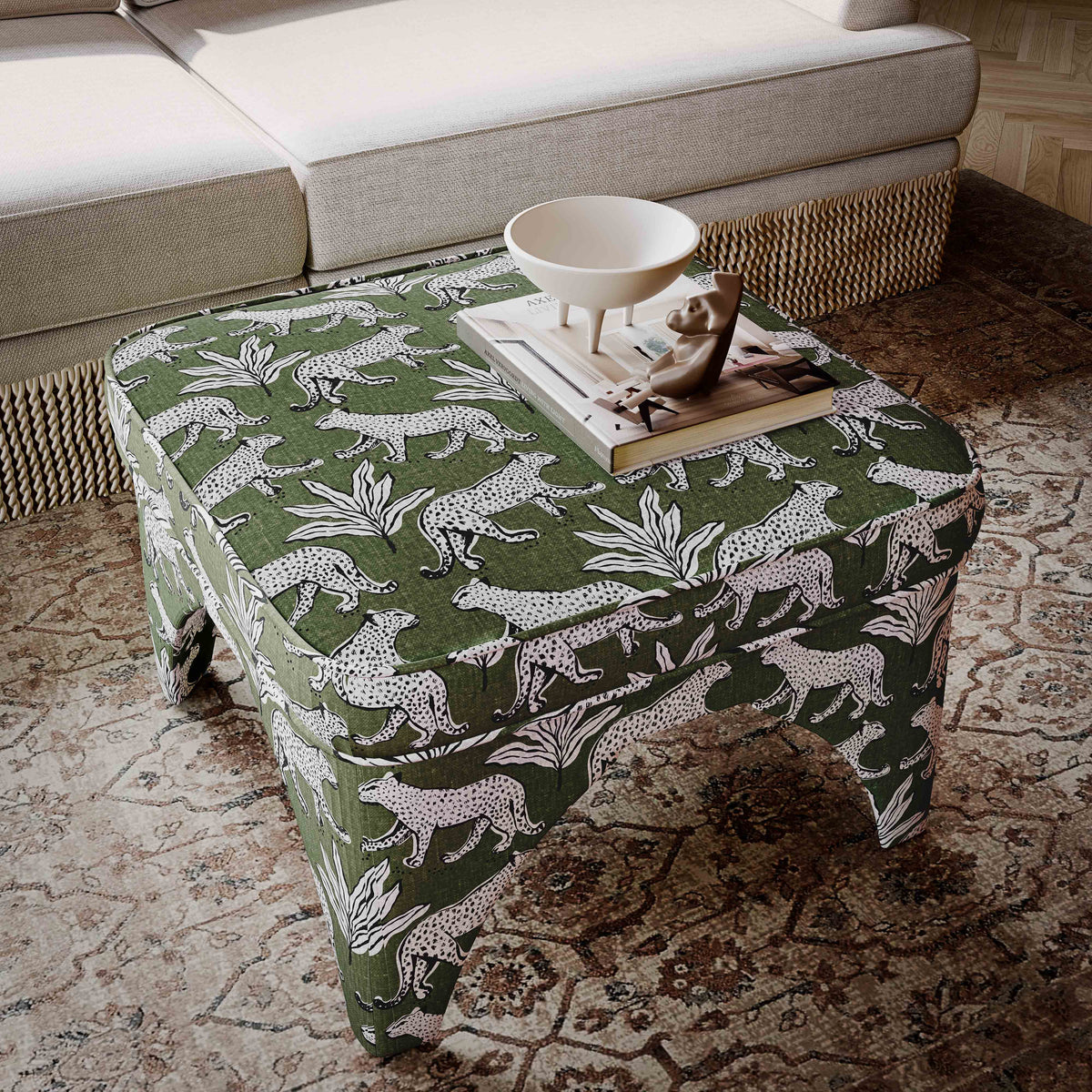 Raji Olive Green Leopard Performance Jacquard Ottoman by TOV Furniture – photo 2 of 7