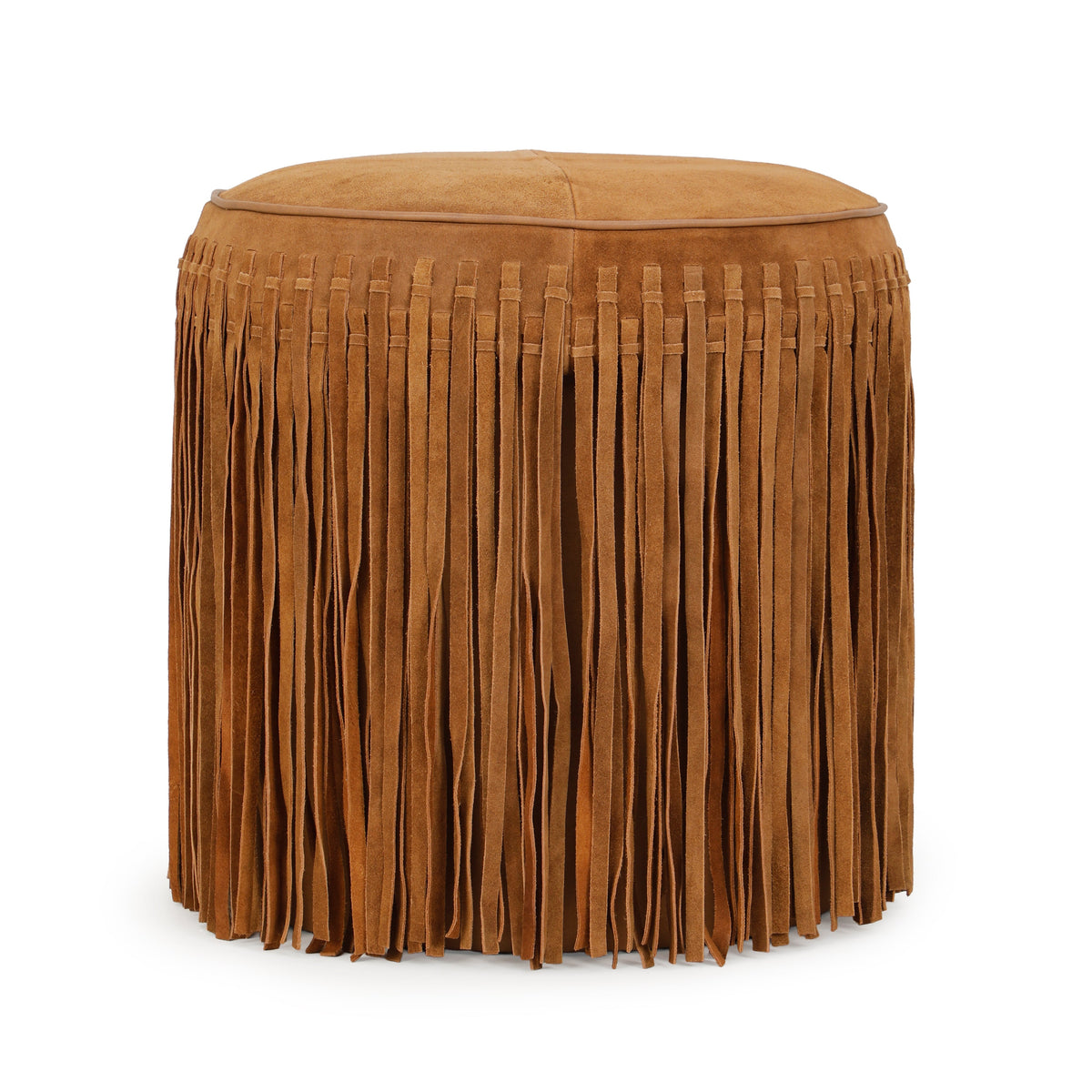 Daphne Round Cognac Suede Fringe Ottoman by TOV Furniture – photo 1 of 6