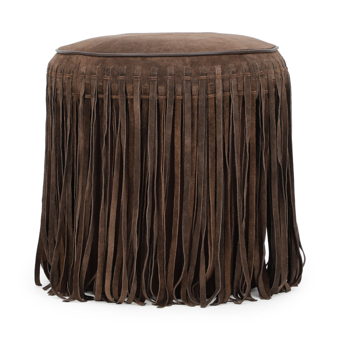 Daphne Round Chocolate Brown Suede Fringe Ottoman by TOV Furniture – photo 1 of 5