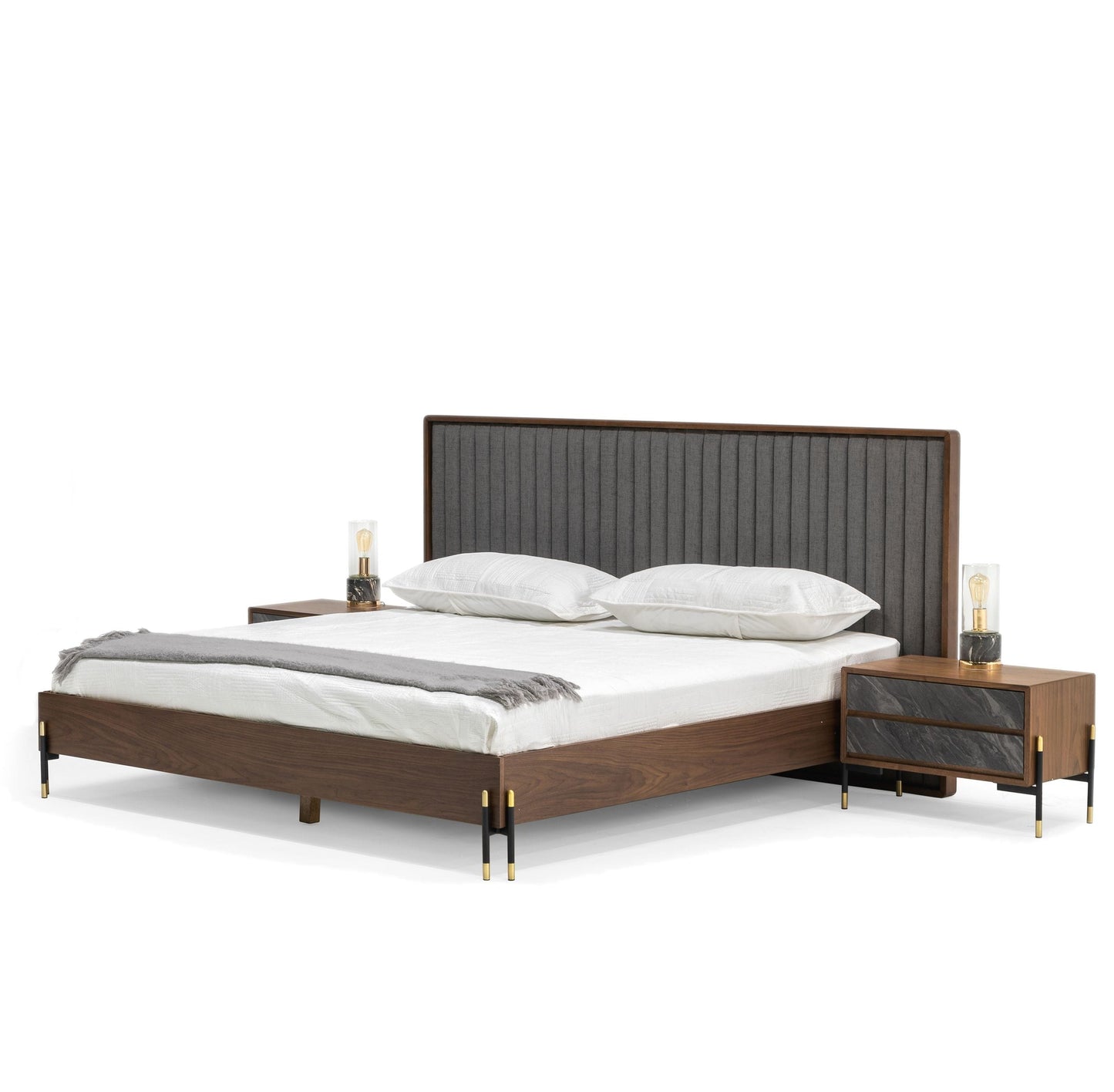 Nova Domus Metcalf Mid-Century Walnut and Grey Bed with Two Nightstands