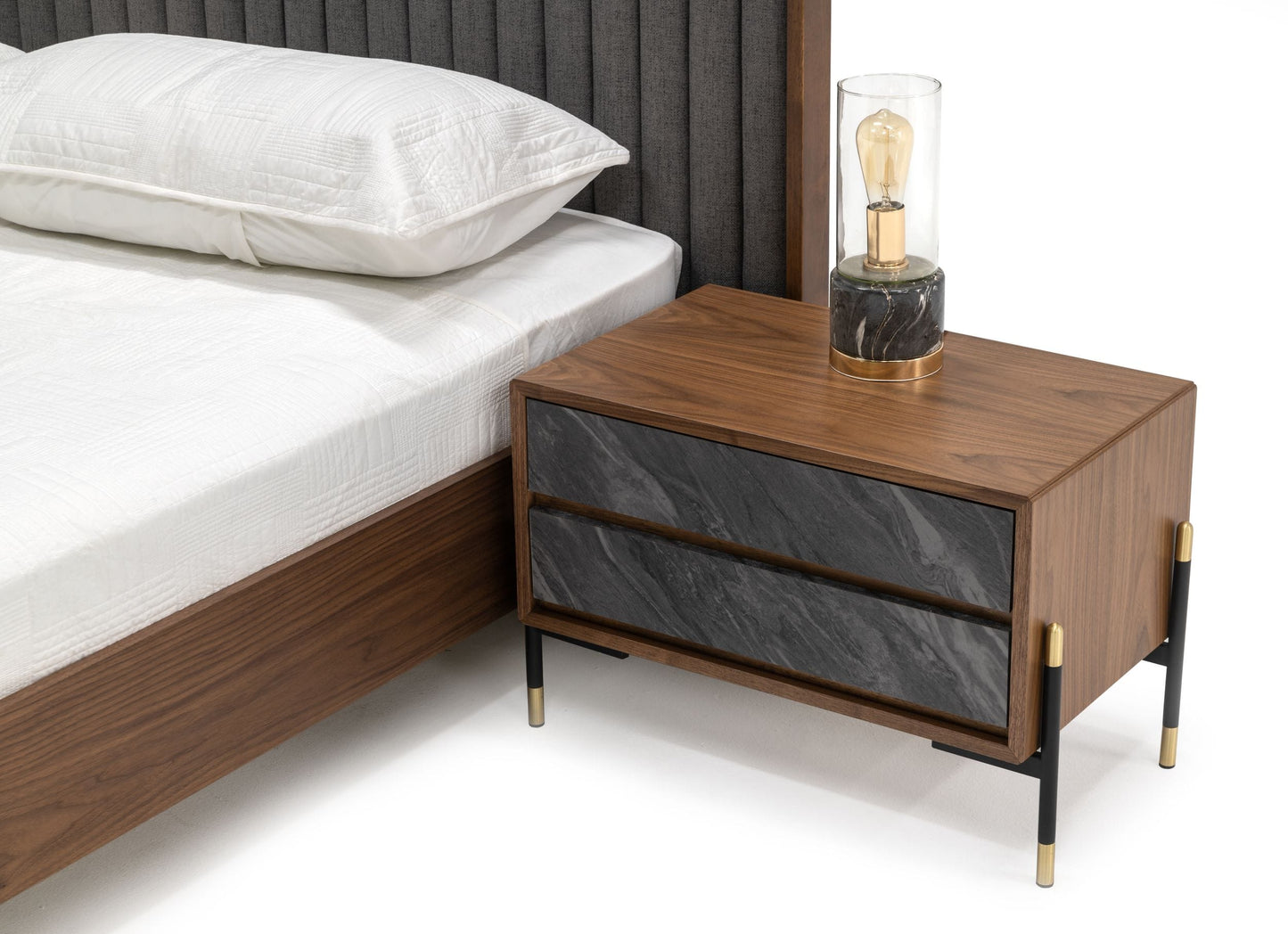 Nova Domus Metcalf Mid-Century Walnut and Grey Bed with Two Nightstands