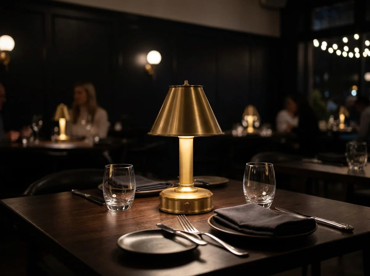 Mini Lara rechargeable cordless lamp providing ambient light on a restaurant table
