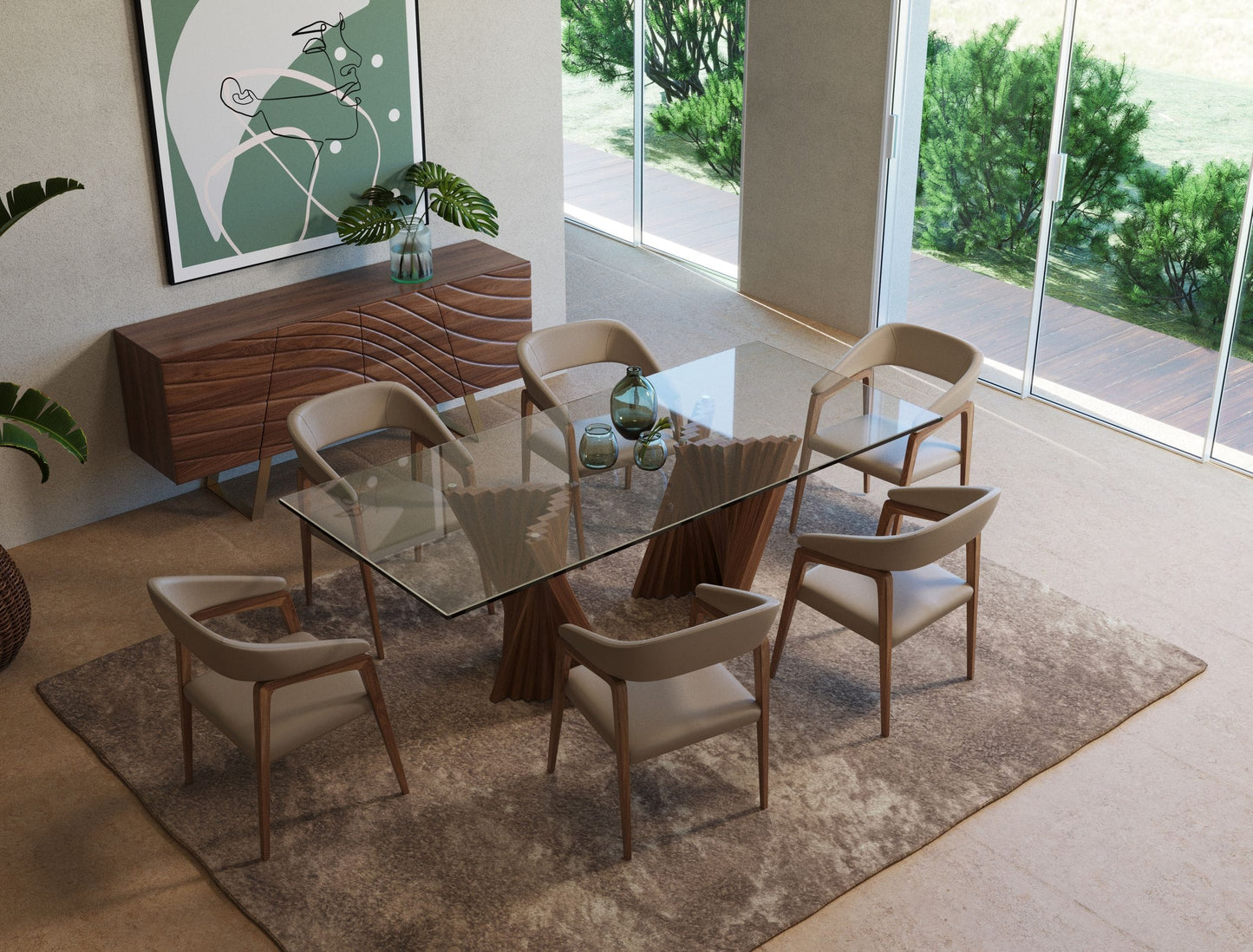 Modrest Corbin Mid-Century Walnut and Glass Dining Table