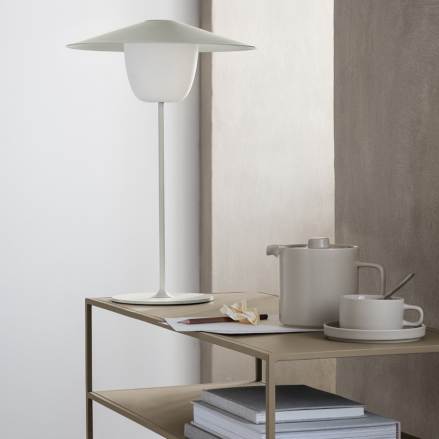 blomus Pilar Tea Cups with Saucers 6 oz Saucers Mirage Grey Set of 2