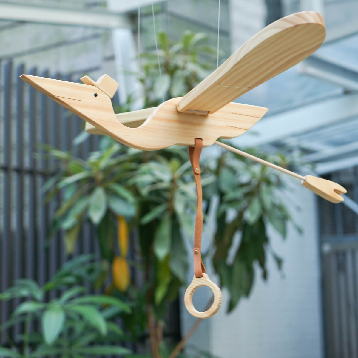 Eguchi Toys Bird Mobile Medium, Wood – hanging outdoors with the pull ring