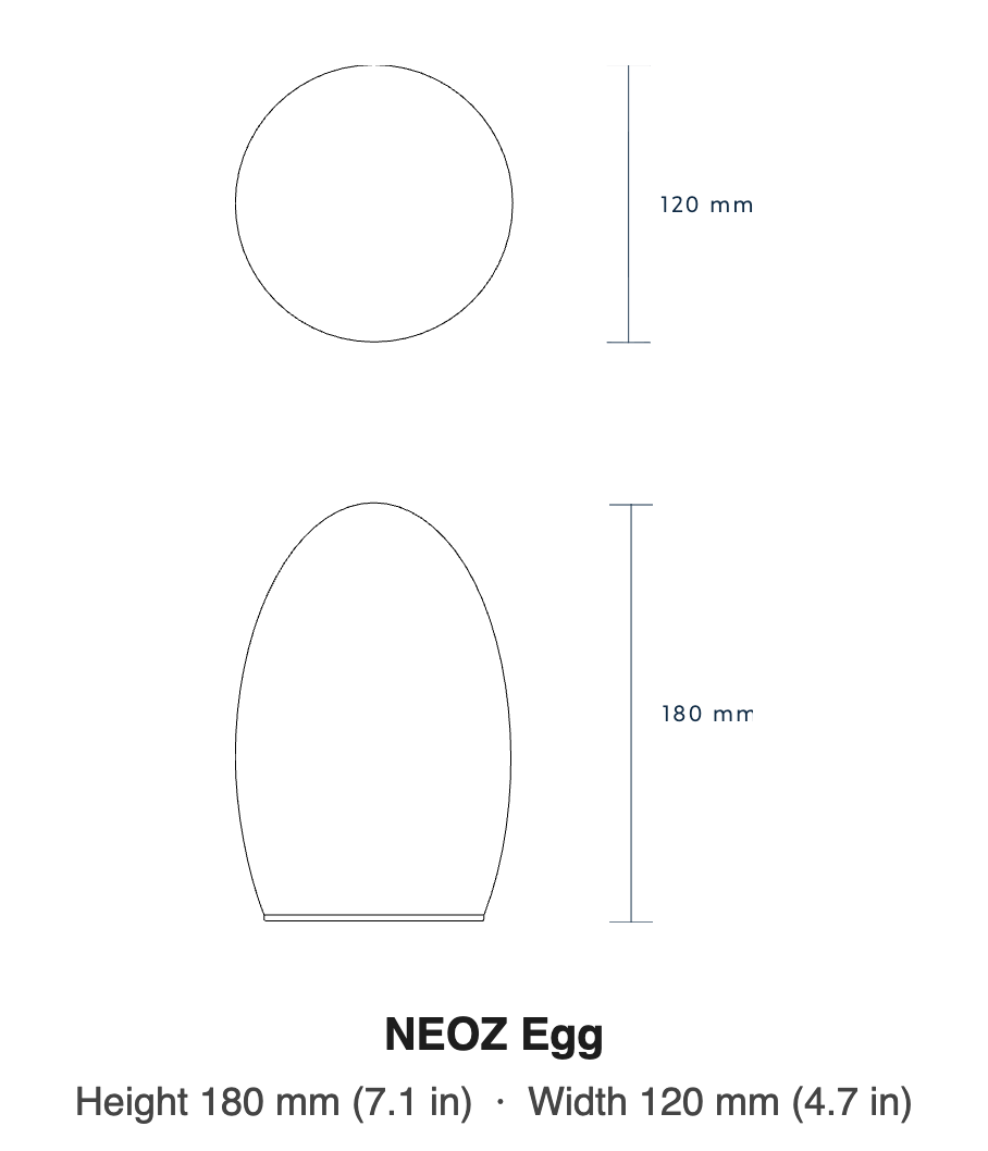 NEOZ Egg dimensions drawing: height 180 mm (7.1 in), width 120 mm (4.7 in)