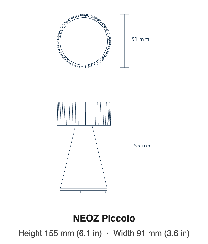 NEOZ Piccolo dimensions drawing: height 155 mm (6.1 in), width 91 mm (3.6 in)