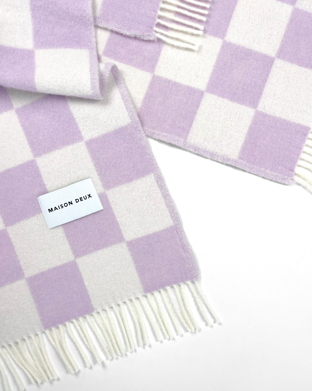Maison Deux Checkerboard Wool Blanket in Lilac/White – detail 4