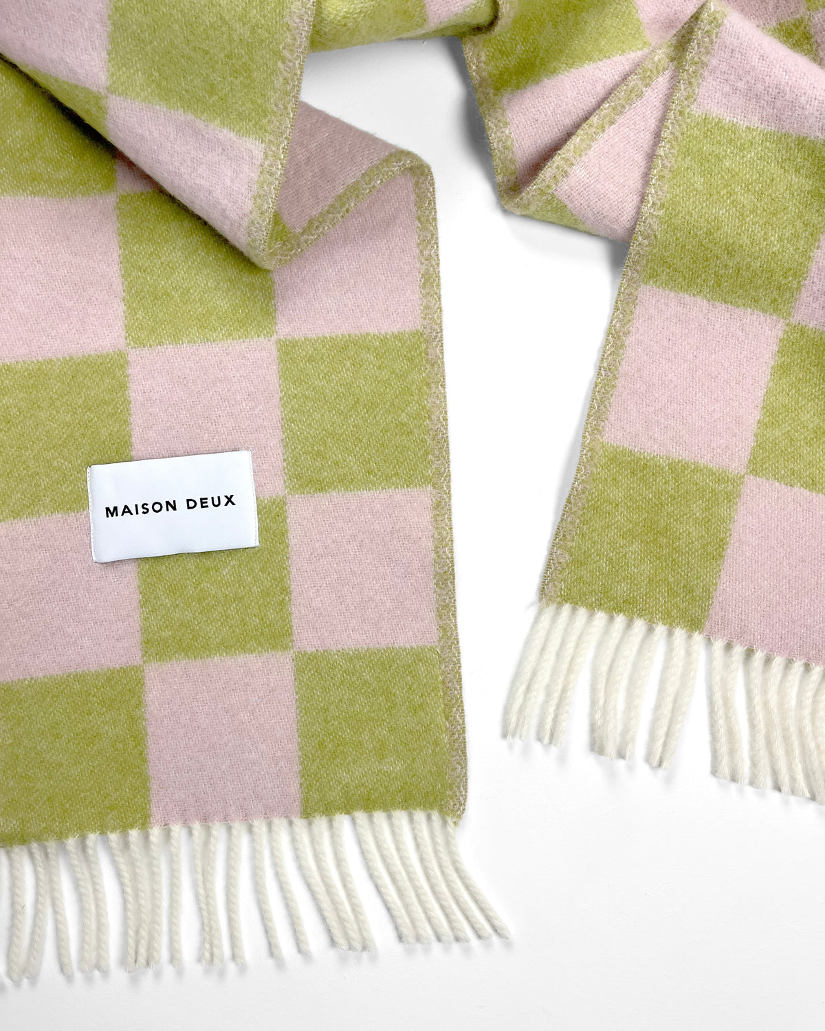 Maison Deux Checkerboard Wool Blanket in Kiwi/Pink – detail 3