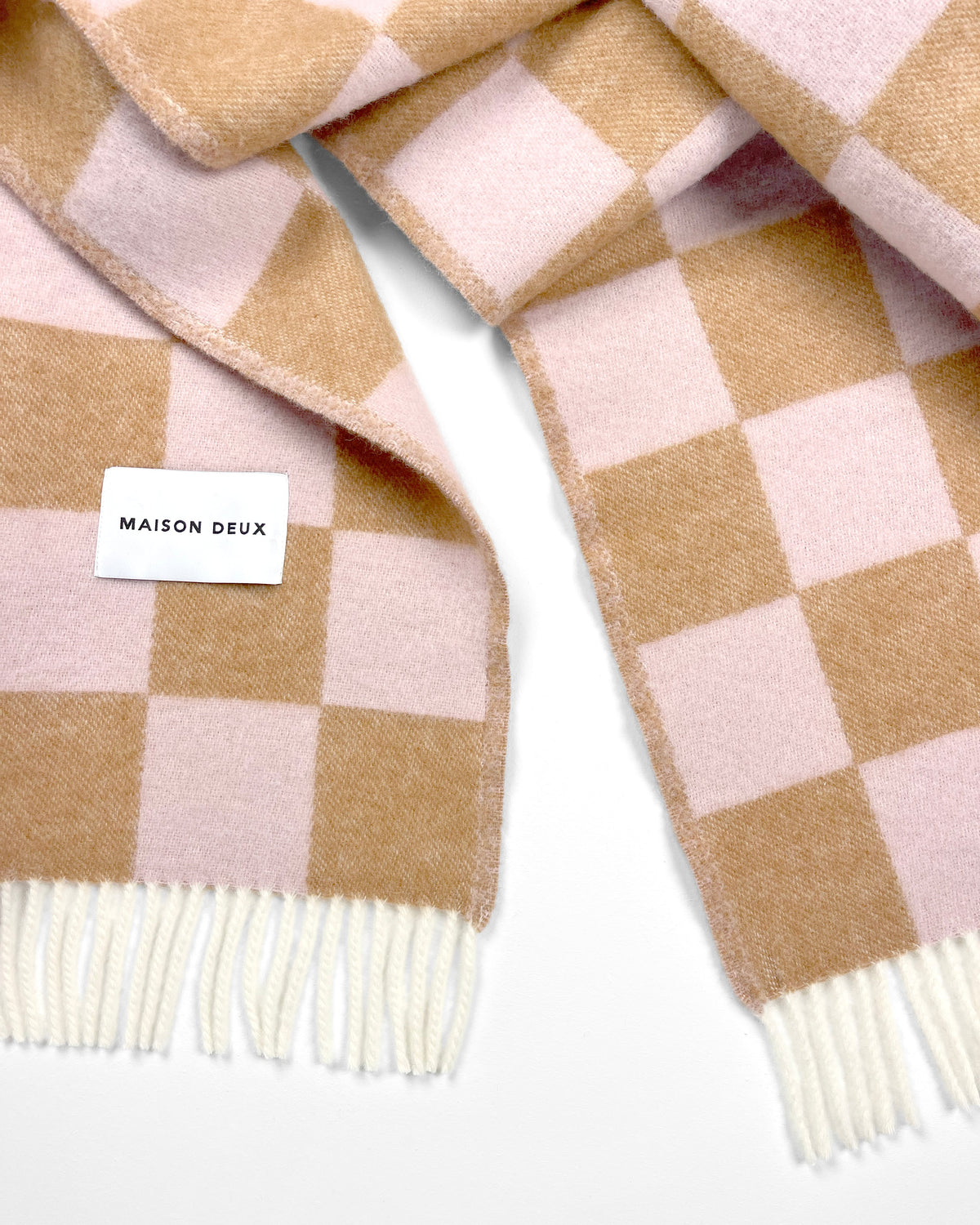 Maison Deux Checkerboard Wool Blanket in Terra Brown/Pink – detail 3